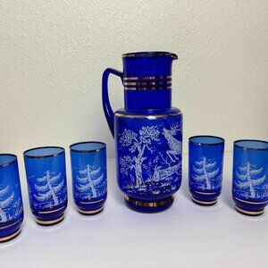 OLD Genuine Bohemia Cobalt Blue Glass Gold Set of 6 Decanter Hand painting